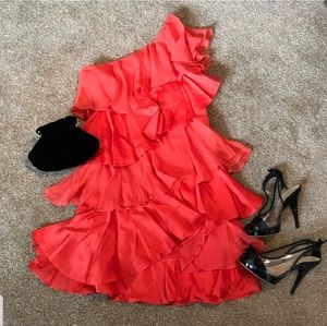 Halston ruffle one shoulder coral dress